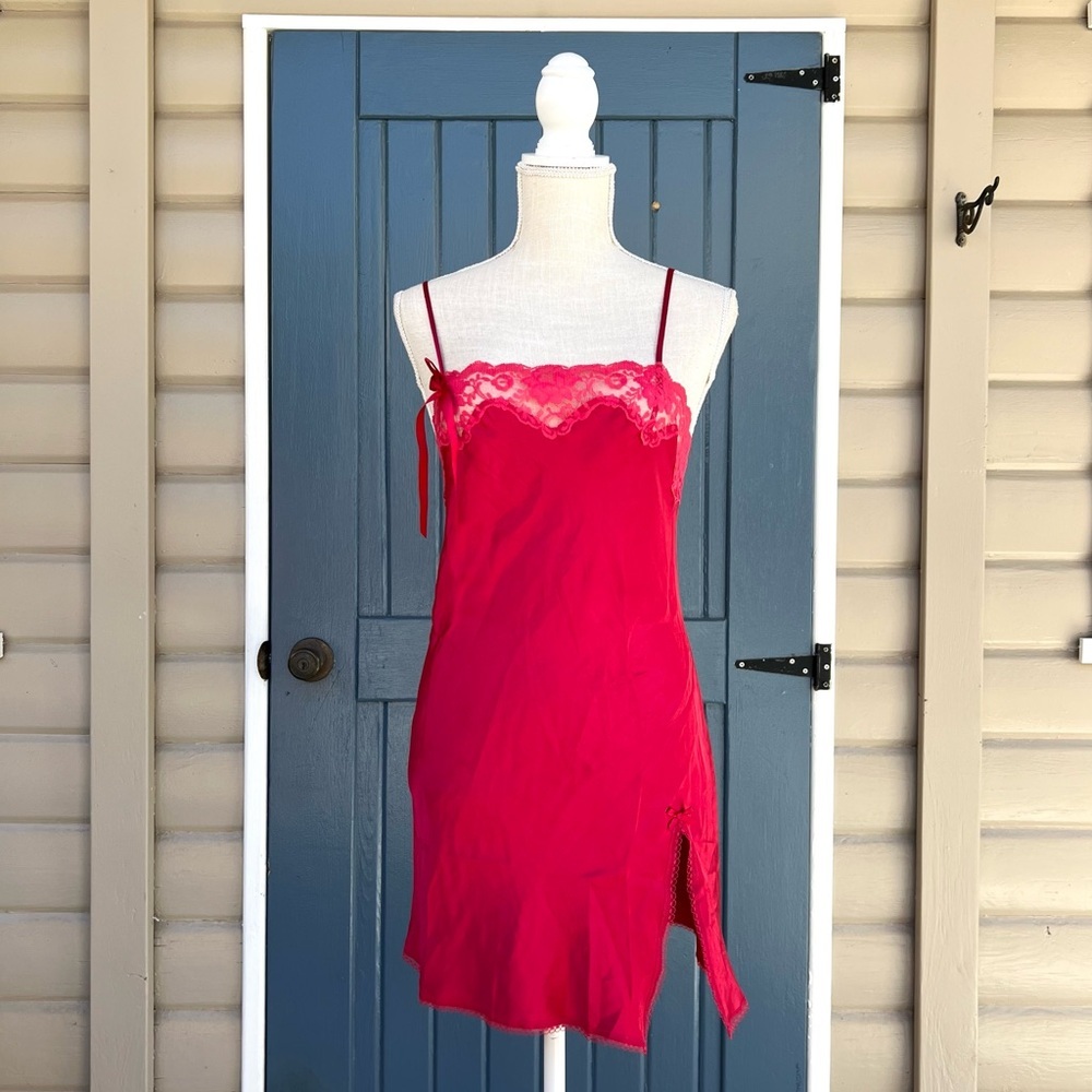 Vintage Victoria's Secret Satin Slip Dress Lace Trim and a Side slit Women’s XS